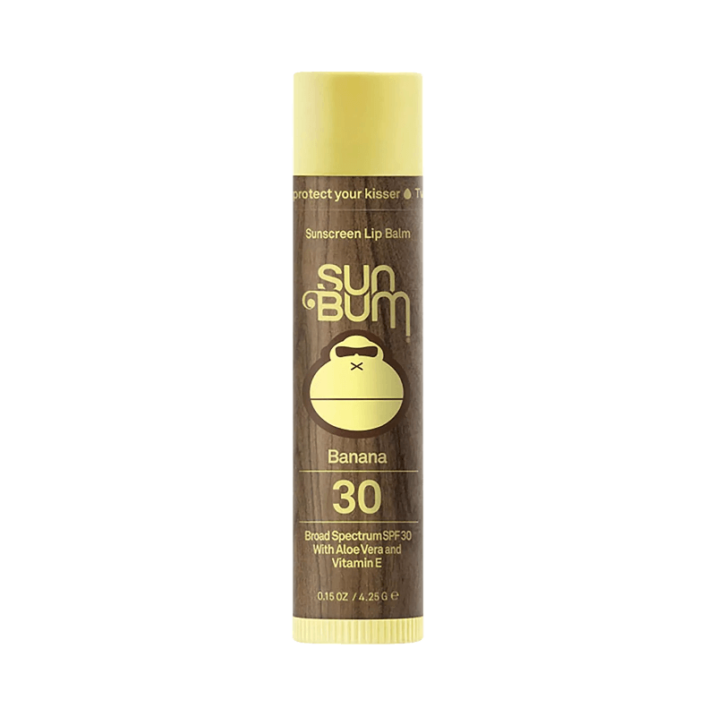 Sun Bum Banana läppbalsam med SPF 30 i brun och gul förpackning