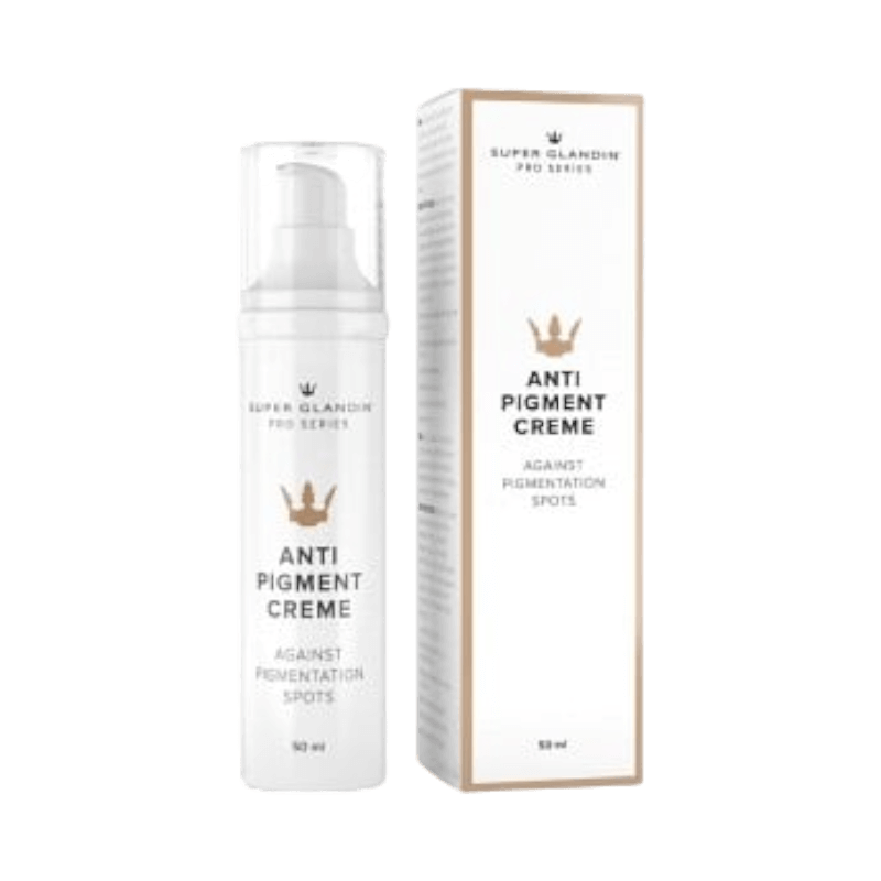 Super Glandin Anti Pigment Creme i vit flaska med pump, reducerar pigmentfläckar.