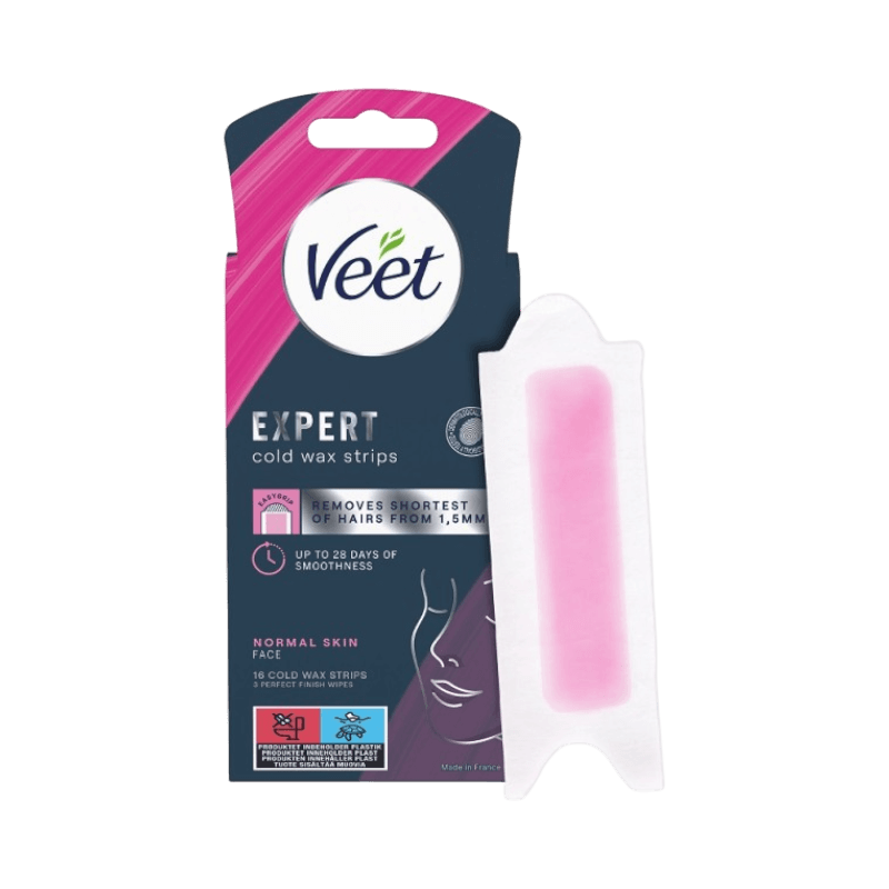 Veet Expert kallvaxremsor för ansiktet – för normal hud, avlägsnar korta hår och ger slät hud i upp till 28 dagar.