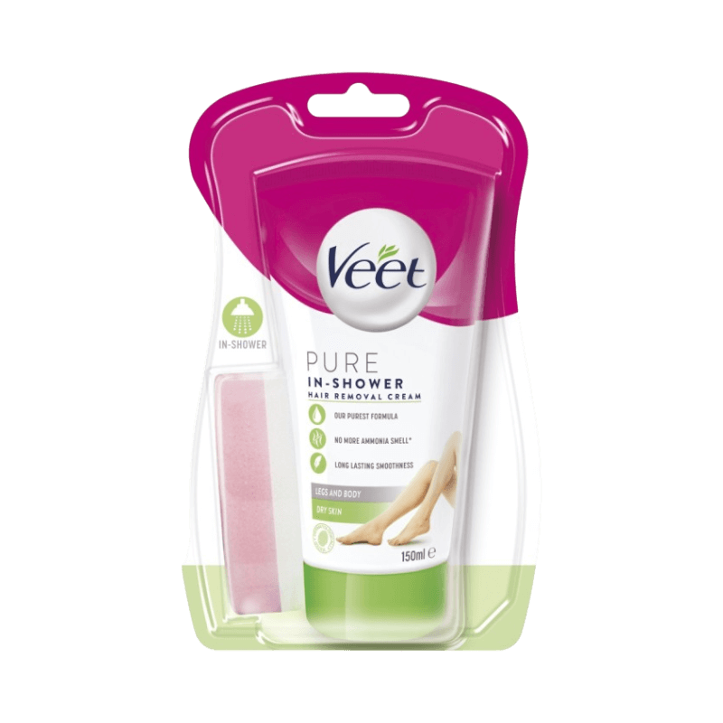 Veet Pure in-shower hårborttagningskräm för torr hud, används direkt i duschen.
