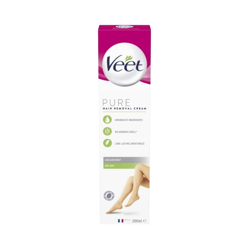 Veet Pure hårborttagningskräm för torr hud med mild formula och långvarig mjukhet.