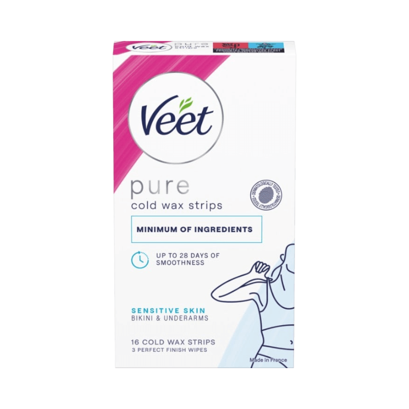 Veet Pure vaxremsor för bikini och armhåla – utvecklade för känslig hud och ger upp till 28 dagars lenhet.