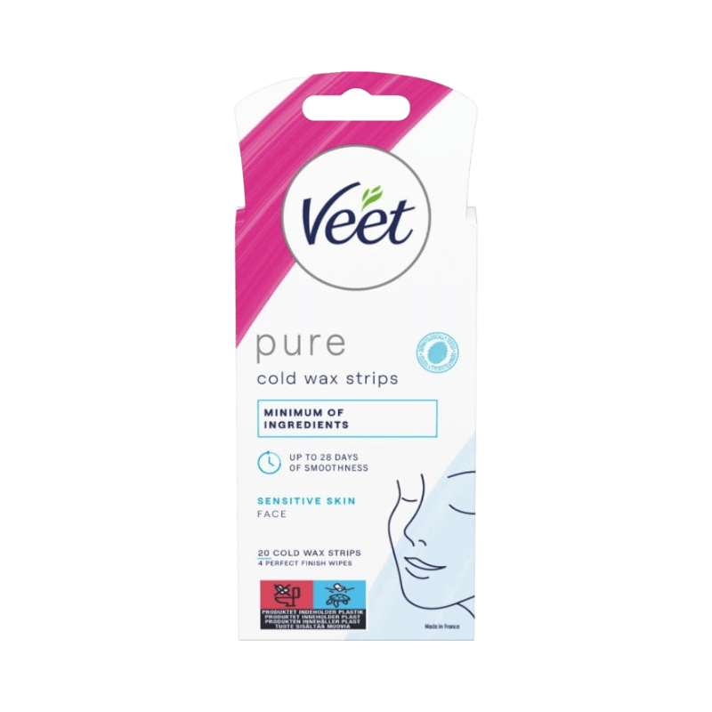 Veet Pure vaxremsor för ansikte – skonsam hårborttagning för känslig hud med minimalt antal ingredienser.