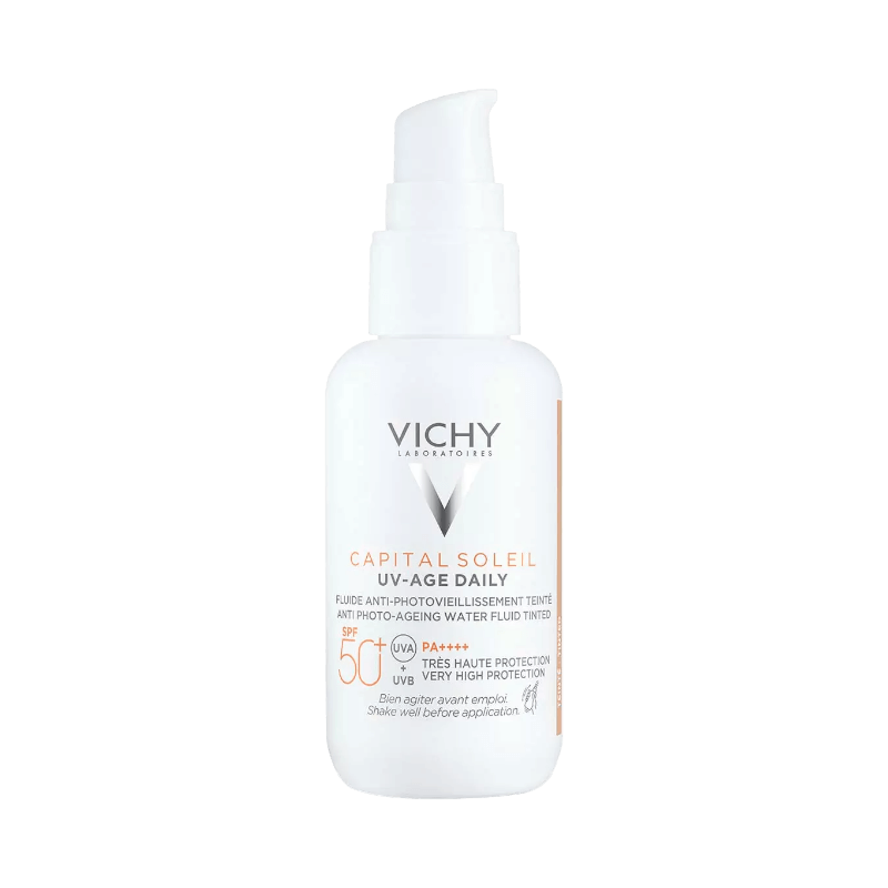 Vichy Capital Soleil UV-Age Daily SPF 50+ – tonat solskydd mot fotoåldrande och pigmentfläckar, med hög UVA/UVB-skydd.