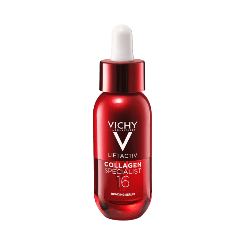 Vichy Liftactiv Collagen Specialist 16 serum i röd flaska för fastare och slätare hud.