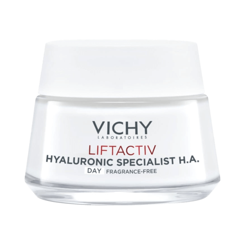 Vichy Liftactiv H.A. dagkräm med hyaluronsyra, parfymfri och effektiv mot rynkor.