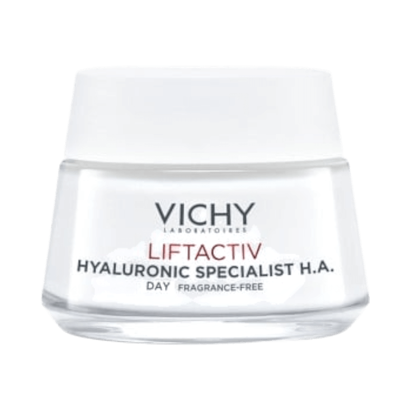 Vichy Liftactiv hyaluronkräm utan parfym, återfuktar och minskar fina linjer.