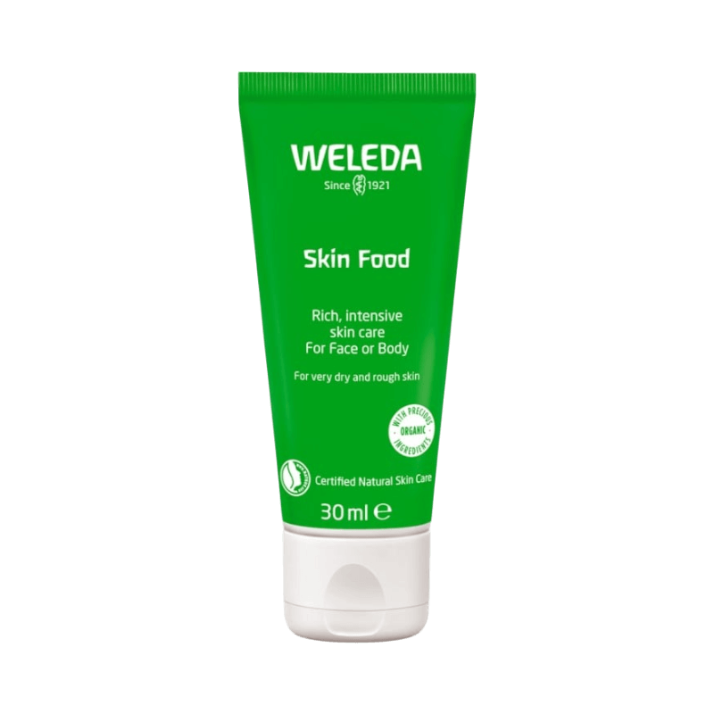 Weleda Skin Food – intensiv, ekologisk hudkräm för torr hud i praktisk 30 ml tub.