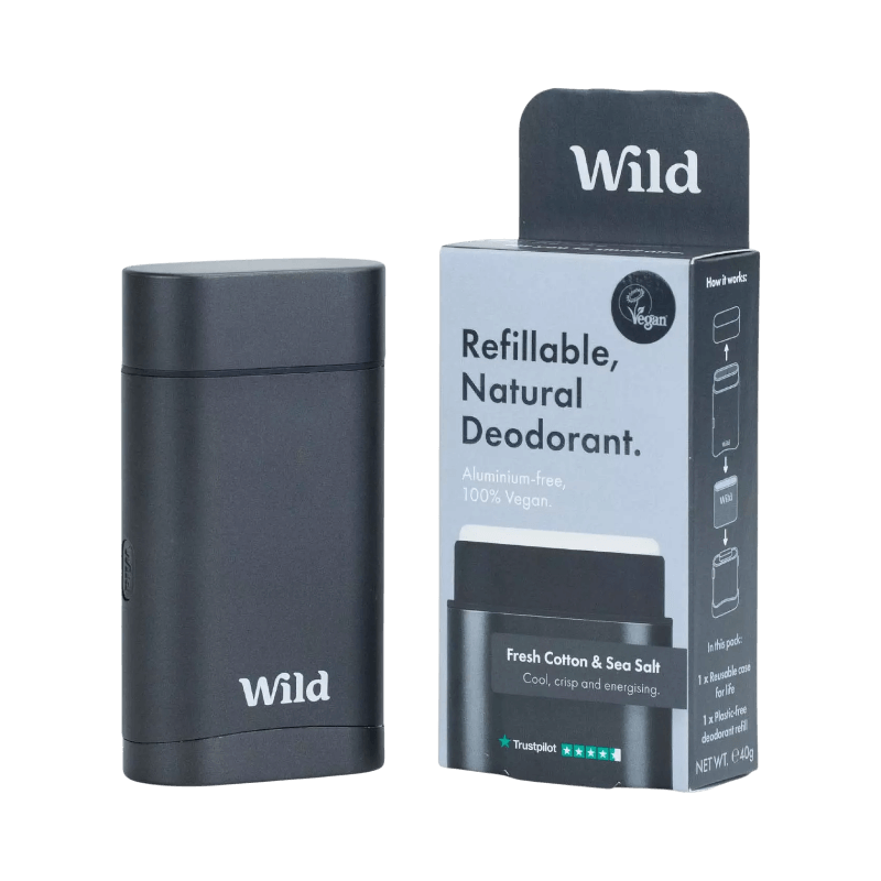 Wild refillbar naturlig deodorant med doft av bomull och havssalt, vegansk och aluminiumfri.