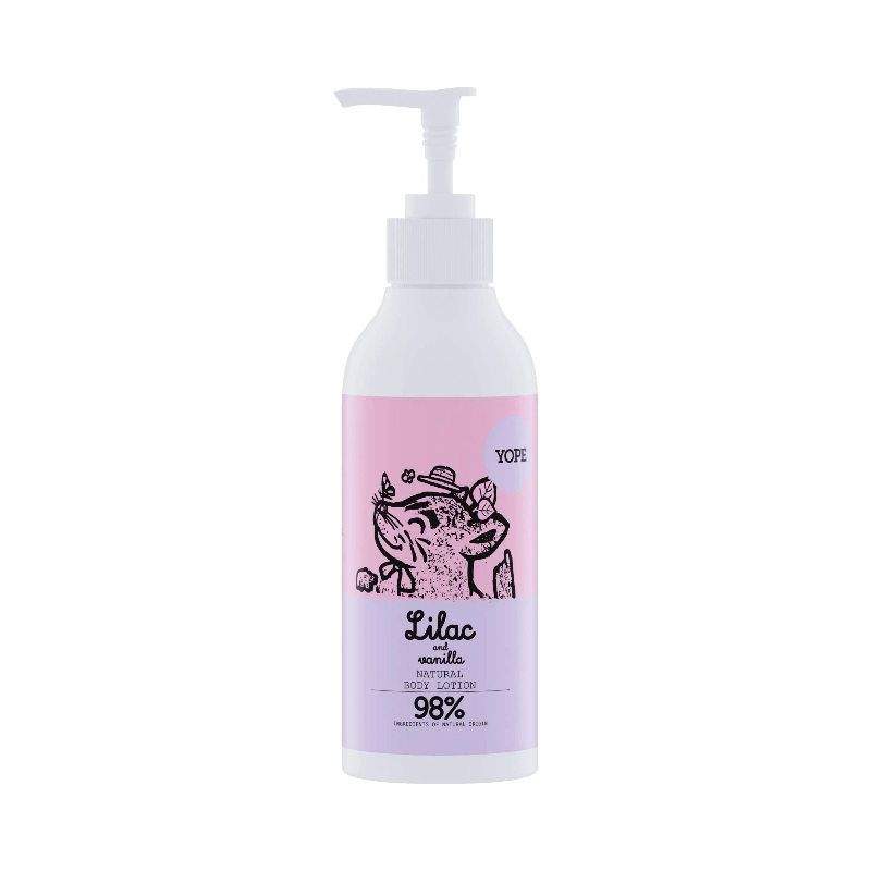 YOPE Body Lotion med syrén och vanilj, naturlig formula med 98% ingredienser av naturligt ursprung