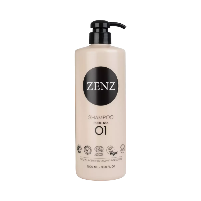 Zenz Organic Pure 01 schampo utan parfym i beige pumpflaska med ekologiska certifieringar, 1000 ml.