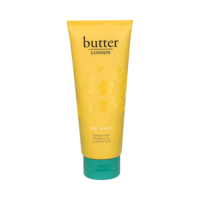 Butter London So Buff fot- och handskrubb med glykolsyra för mjuk och len hud.