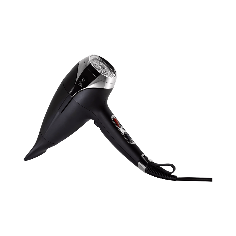 ghd Helios svart hårfön med silverdetaljer och ergonomiskt grepp.