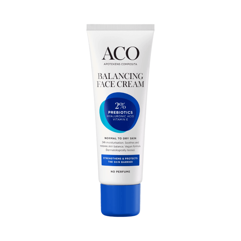 ACO Balancing Face Cream med 2 % prebiotika, hyaluronsyra och vitamin E för normal till torr hud.