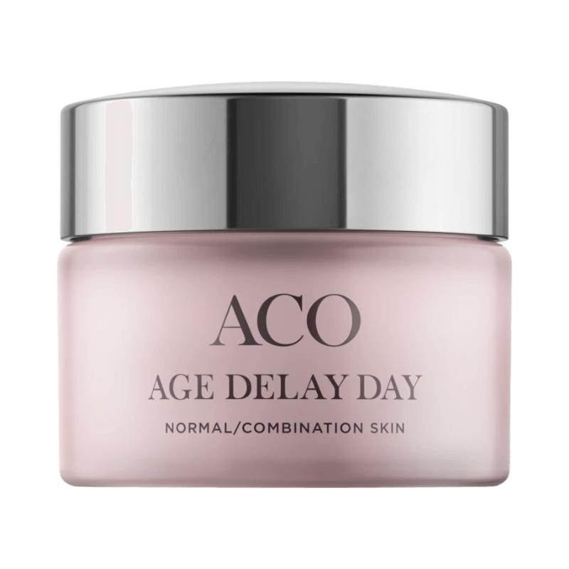 ACO Age Delay Day Cream i rosa burk för normal och kombinerad hud med anti-age-effekt.