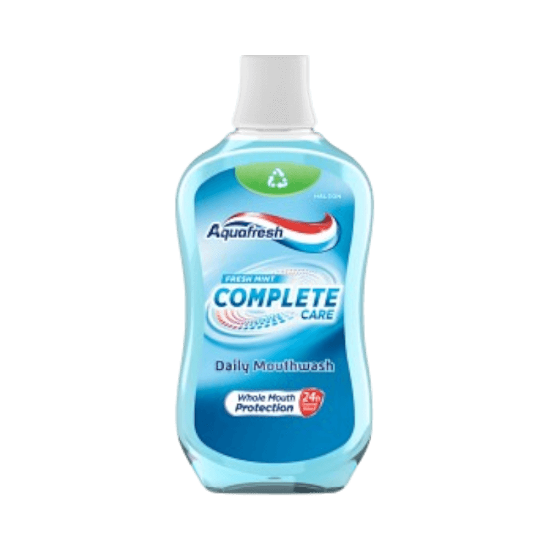 Aquafresh Complete Care munskölj med mintsmak för dagligt bruk och 24 timmars skydd.