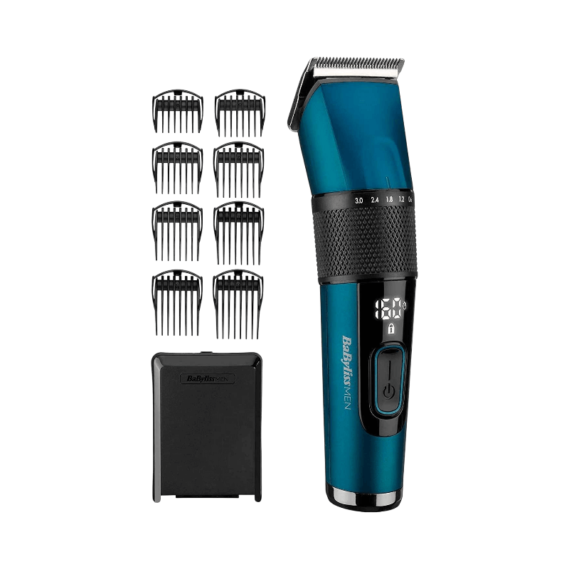 BaByliss hårtrimmer med japanskt stål och digital display, inklusive flera kammar.