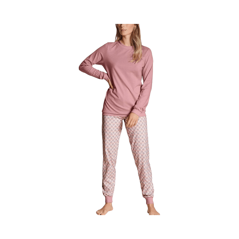 Rosa långärmad pyjamas med mönstrade byxor och mudd för en mjuk och bekväm känsla
