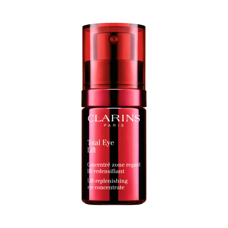 Clarins Total Eye Lift i röd pumpflaska för omedelbar lyftande effekt och reducering av fina linjer.
