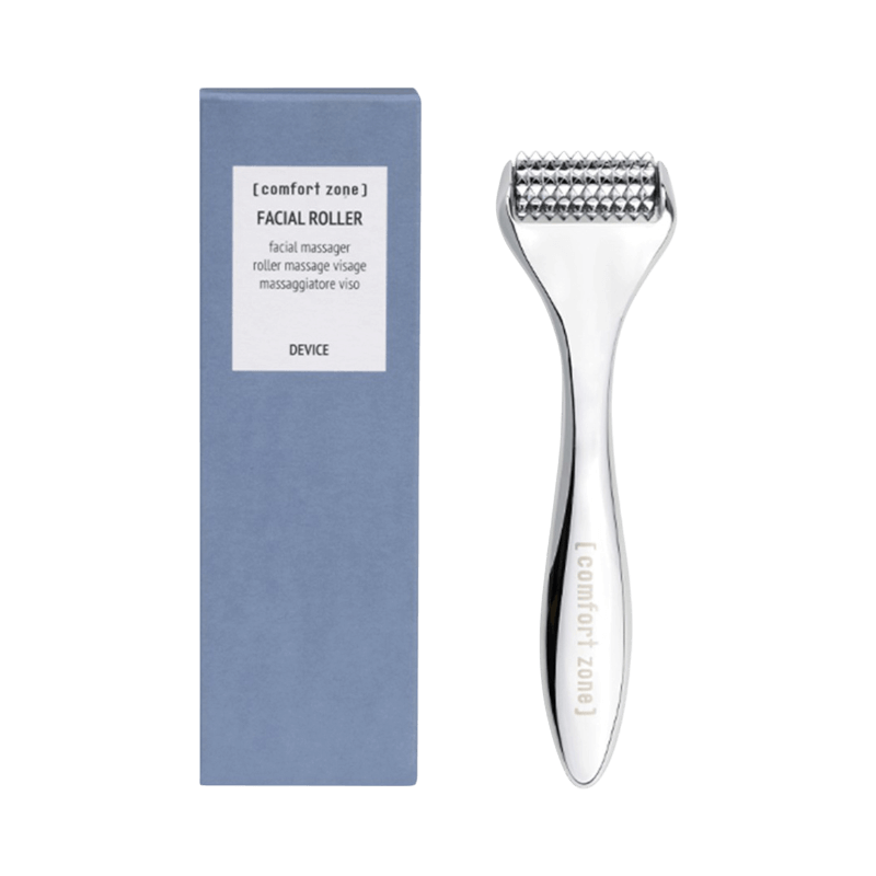 Comfort Zone facial roller i metall för ansiktsmassage och hudvård med tillhörande förpackning.