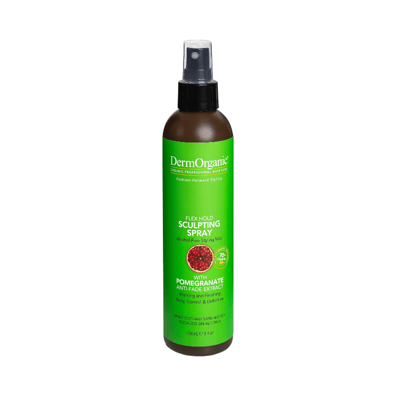 DermOrganic Flex Hold Sculpting Spray med granatäpple – alkoholfri spray för definition och stadga.