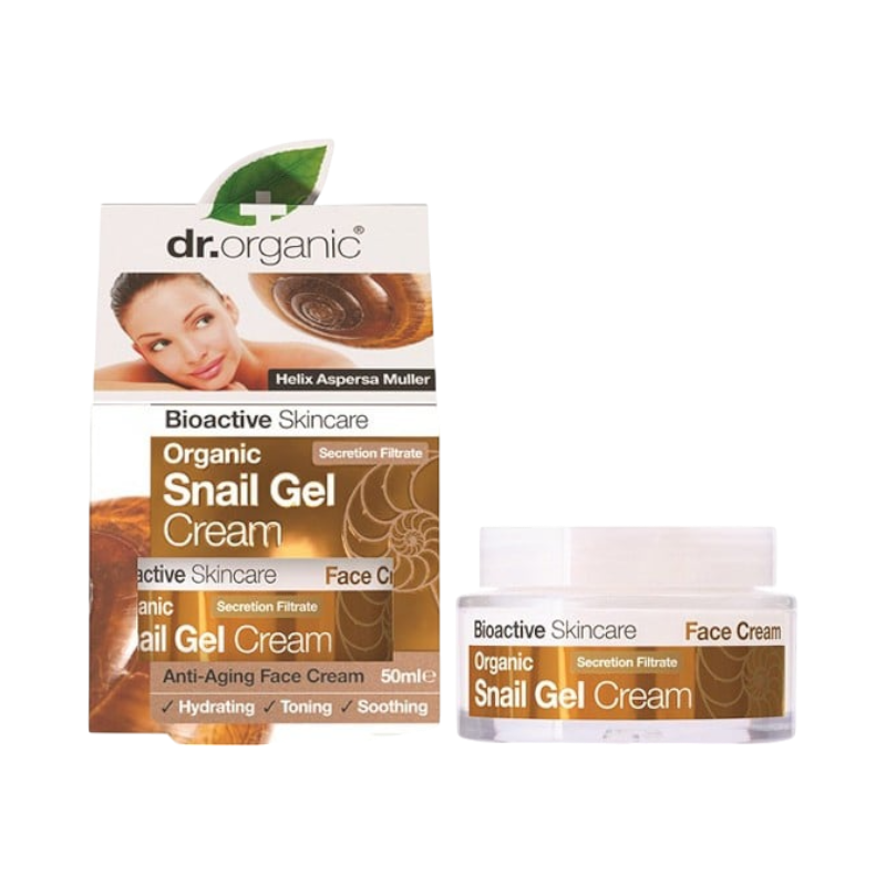 Dr. Organic Snail Gel Cream med ekologiskt snigelsekret för anti-age och återfuktning.