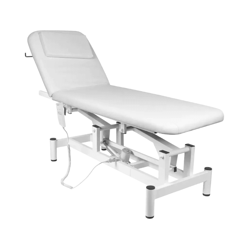 Vit elektrisk massagebänk från SweHealth med motorstyrd höjdjustering och ryggstöd.