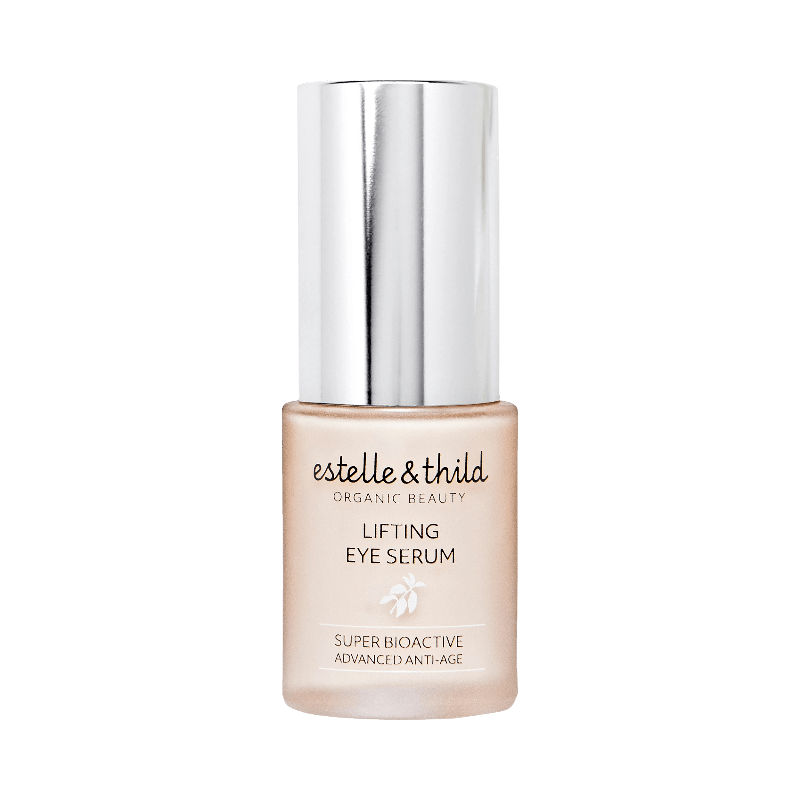 Estelle & Thild Lifting Eye Serum i ljus flaska med silverlock för avancerad anti-age.