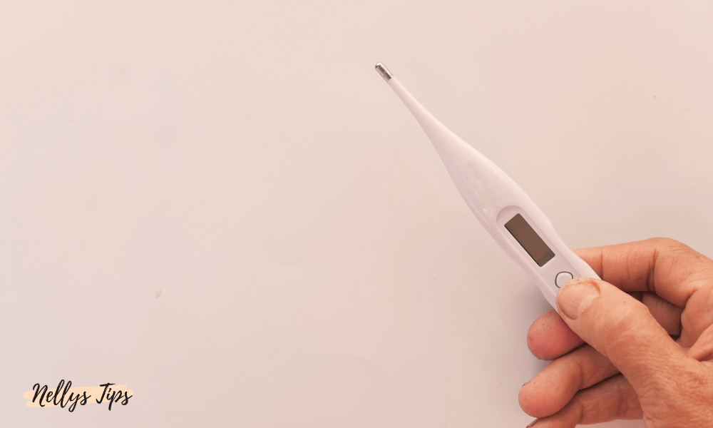 Digital febertermometer i handen redo att användas för mätning av kroppstemperatur.