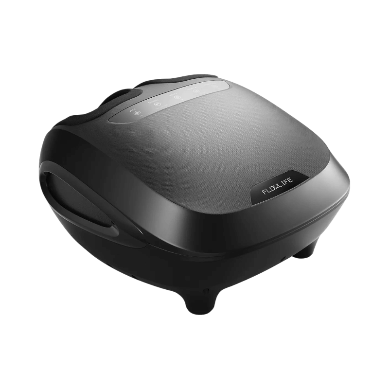 Flowlife Flowfeet fotmassagemaskin i svart design med touchpanel och ergonomisk form.