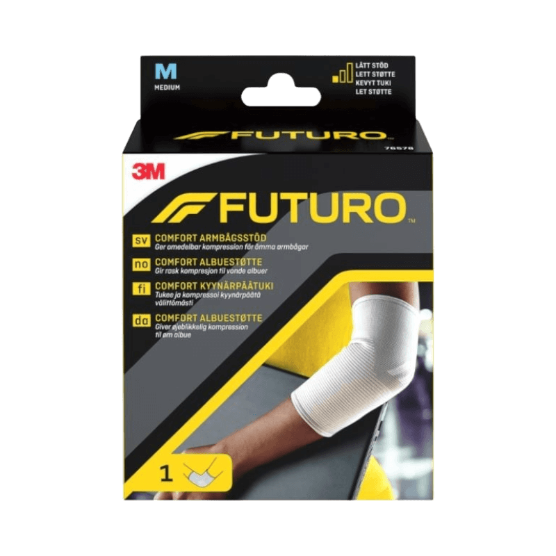 Futuro armbågsstöd från 3M ger snabb kompression vid ömma och ansträngda armbågar.