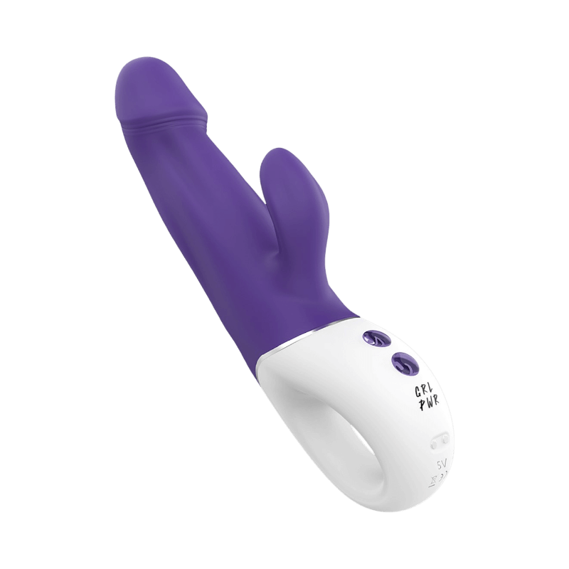 Lila och vit rabbitvibrator med ergonomiskt grepp och dubbla stimulatorer