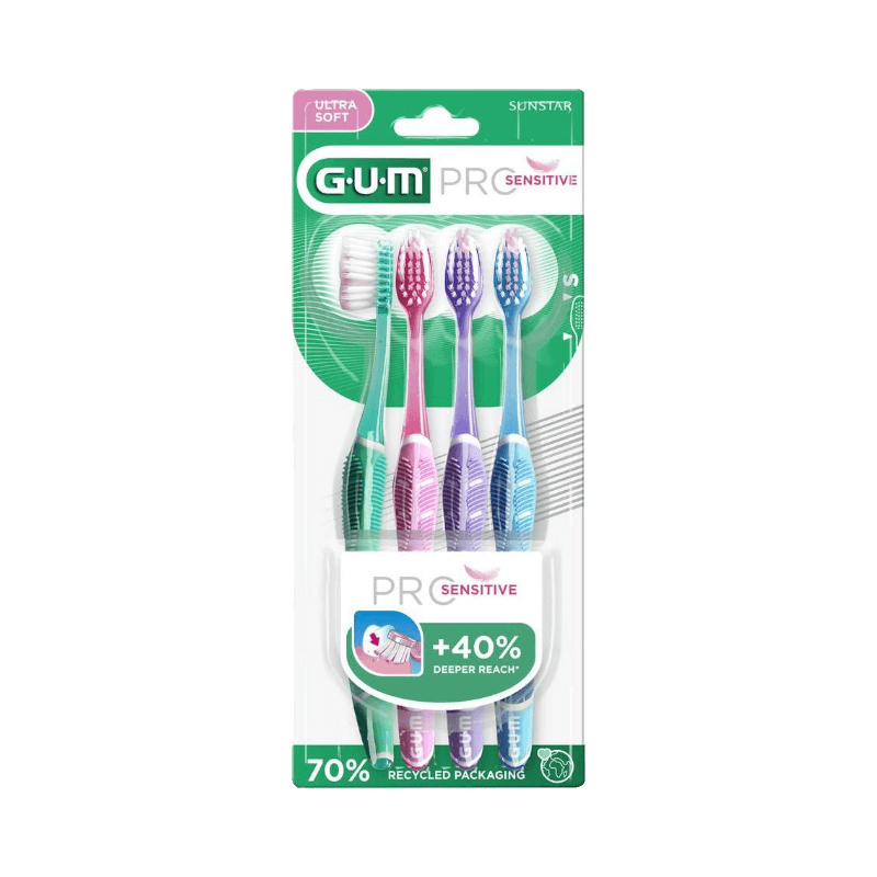 GUM Pro Sensitive tandborstar 4-pack med extra mjuka strån för känsligt tandkött