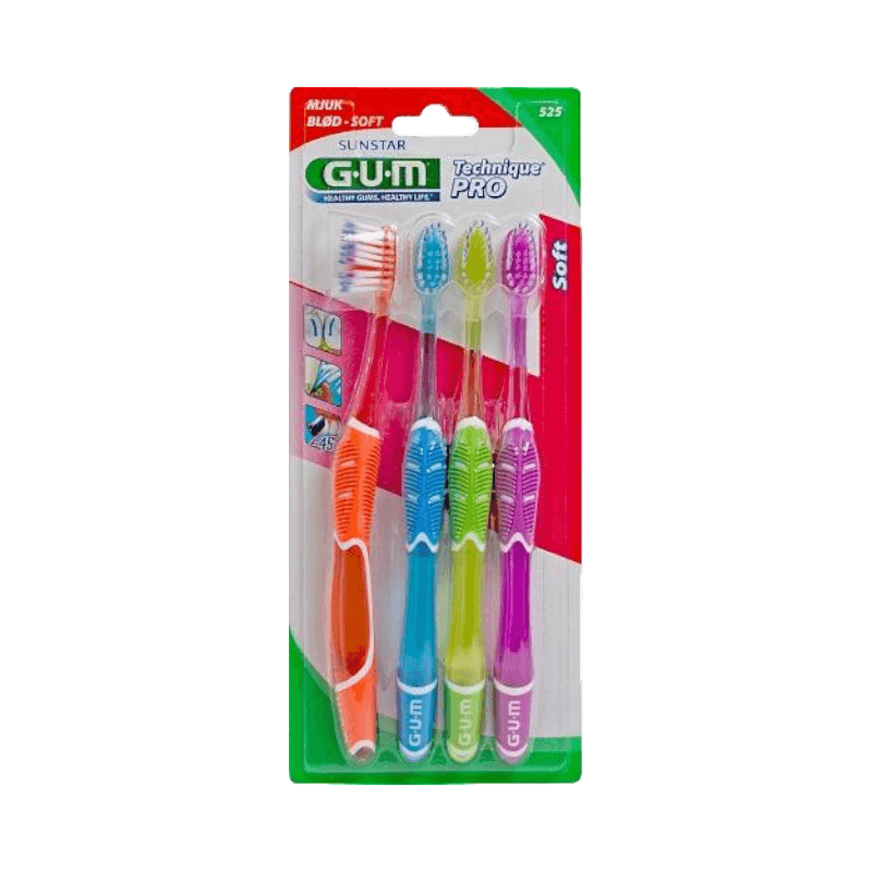GUM Technique Pro tandborstar i färgglad 4-pack med ergonomiska handtag