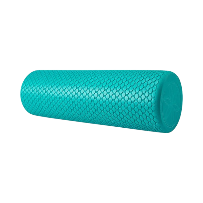 Turkos Gaiam foam roller med strukturmönster för återhämtning och muskelmassage.