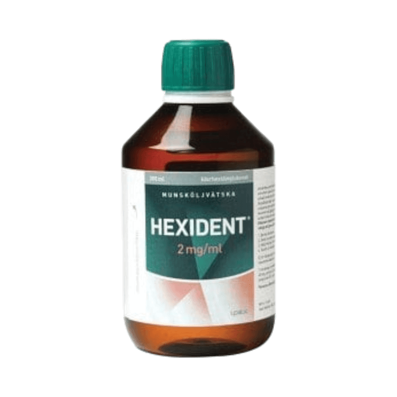 Hexident munskölj 2 mg/ml i brun flaska för behandling av infektioner i munhålan.