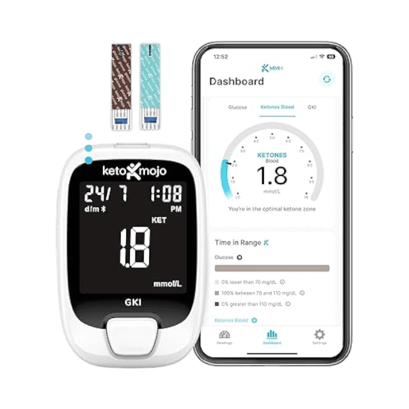 KETO-MOJO mätare för ketoner och glukos med Bluetooth och tillhörande app för analys.