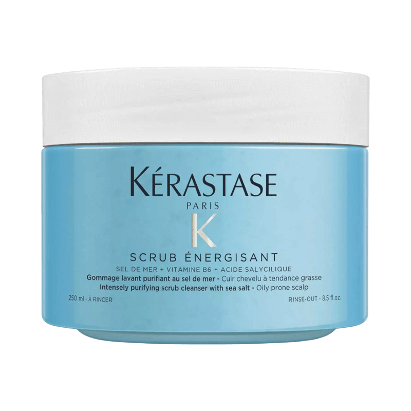 Kérastase Scalp Scrub med havssalt, salicylsyra och B6 för djuprengöring av fet hårbotten.