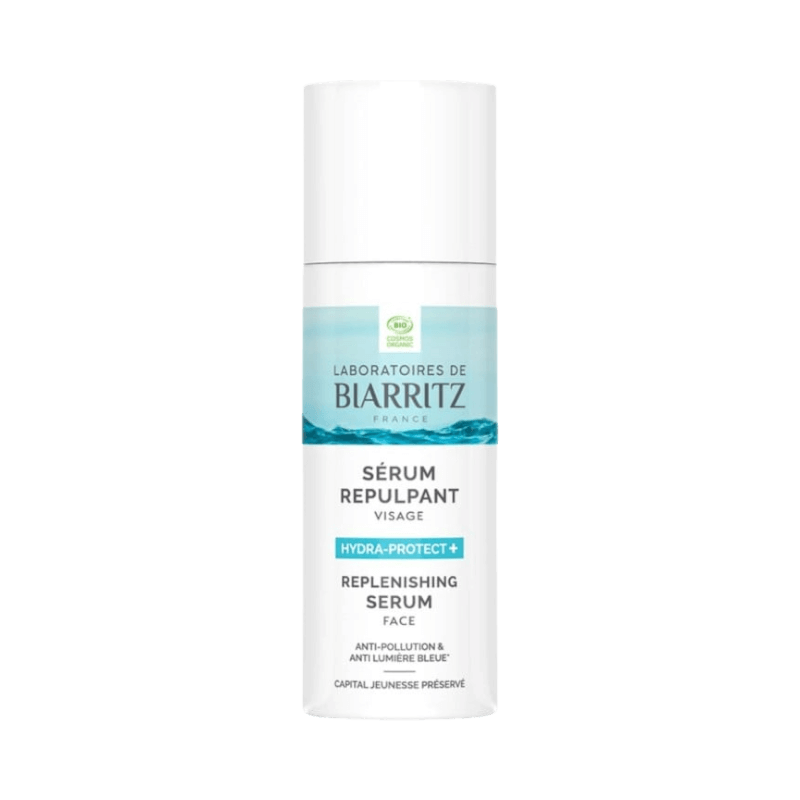 Hydra-Protect Replenishing Face Serum från Biarritz i vit flaska med blå detalj.