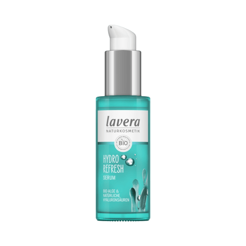 Lavera Hydro Refresh Serum med hyaluronsyra och bio-alger i turkos pumpflaska.