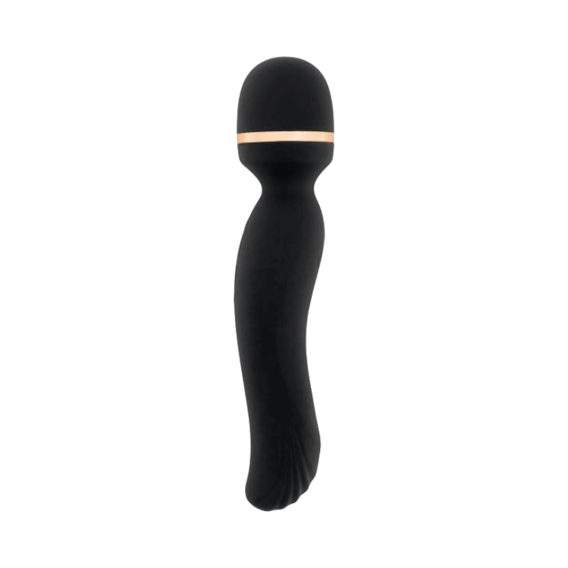 Svart wand-vibrator med böjd design och guldaccent för kraftfull massage och njutning