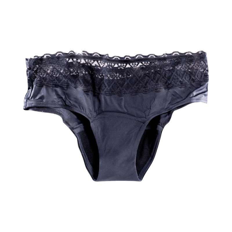 Svarta menstruationstrosor i hipstermodell med spetskant och fuktabsorberande insida