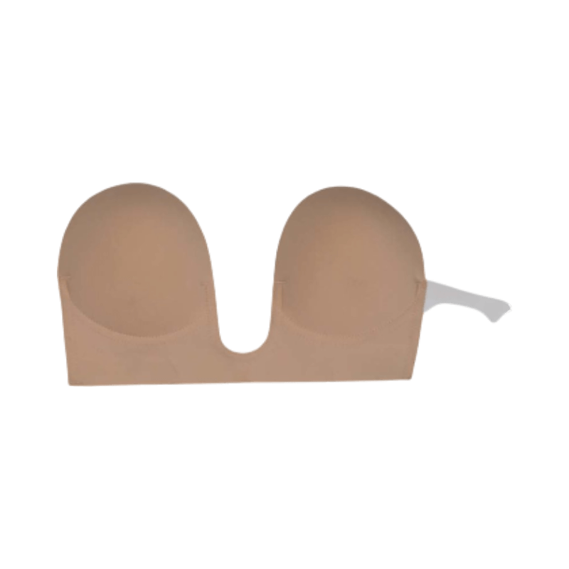 Beige u-formad bh med sidofästen, osynlig under djupt urringade kläder för diskret stöd.