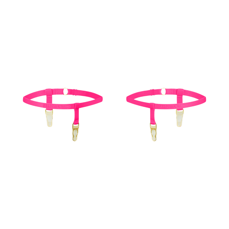 Rosa strumpebandsremmar med guldfärgade clips och justerbar passform
