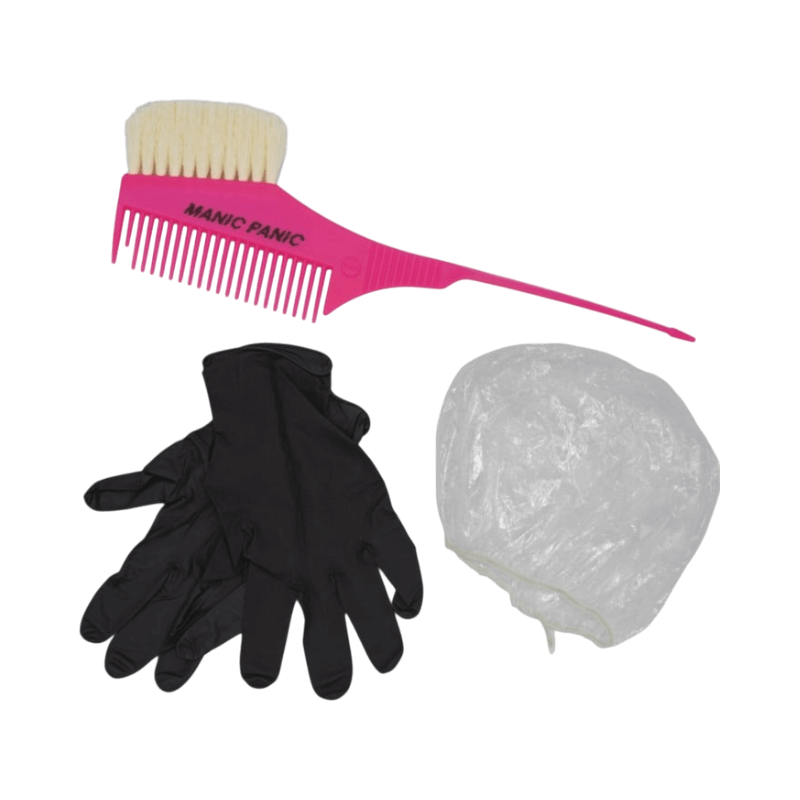 Hårfärgningskit med rosa penselkam, handskar och hätta – komplett verktyg för DIY-färgning.