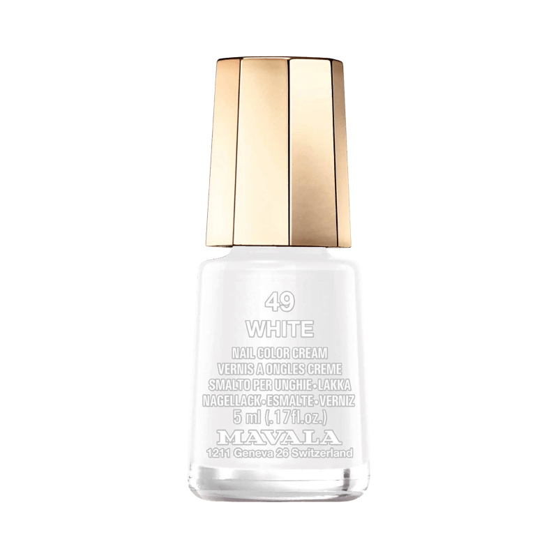 Mavala Mini Nail Color i nyansen 49 White – ett kompakt, täckande vitt nagellack.