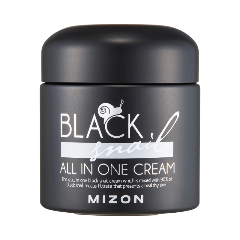 Mizon Black Snail kräm med 90 % snigelsekret för hudförbättring och elasticitet.
