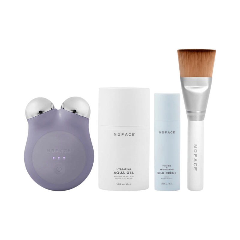 NuFACE Mini Kit med mikroströmsverktyg, gel och borste för lyftande ansiktsbehandling.