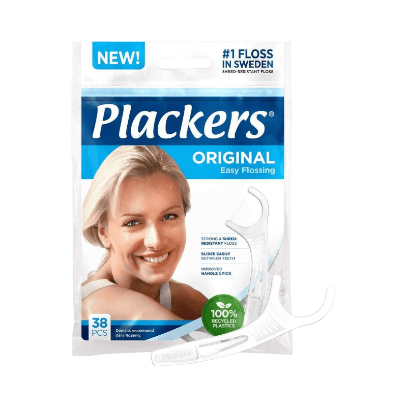 Plackers Original tandtrådsbygel 38-pack med slitstark tråd och återvunnen plast