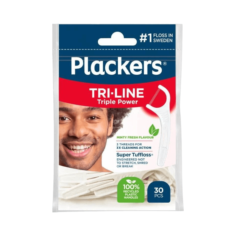 Plackers Tri-Line tandtrådsbyglar med mintsmak och trippeltråd för effektiv rengöring